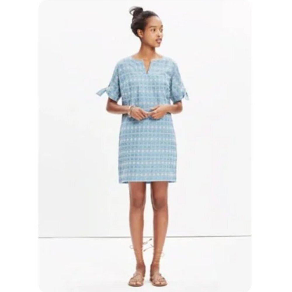 Madewell Cornflower Blue & White Embroidered Short Tie Sleeve Mini Shift Dress